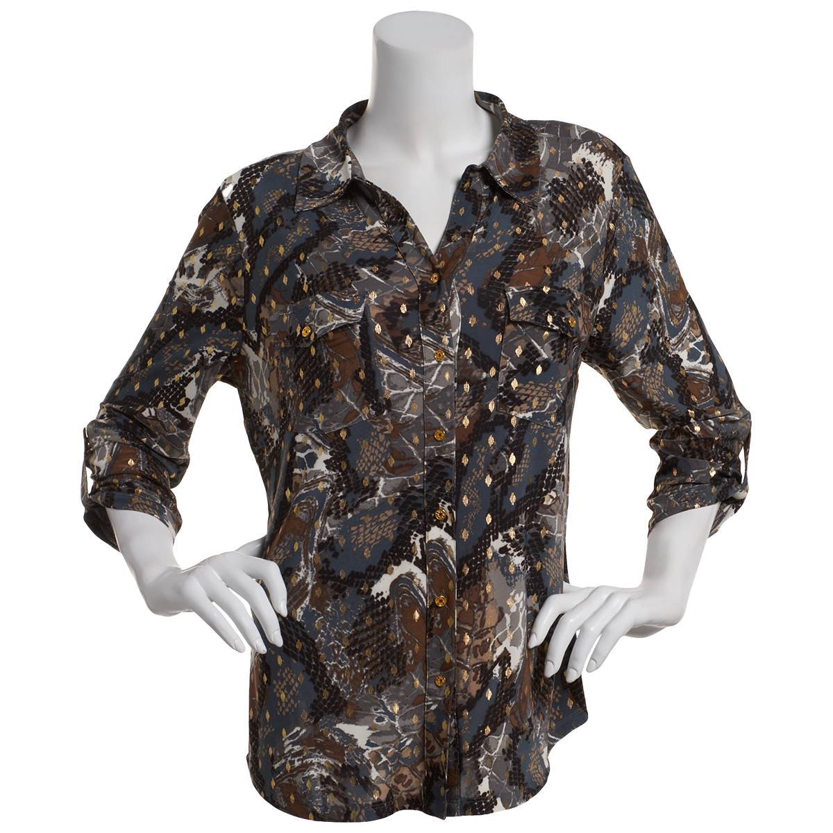 Womens Emily Daniels 3/4 Sleeve Foil Snake Button Front Blouse