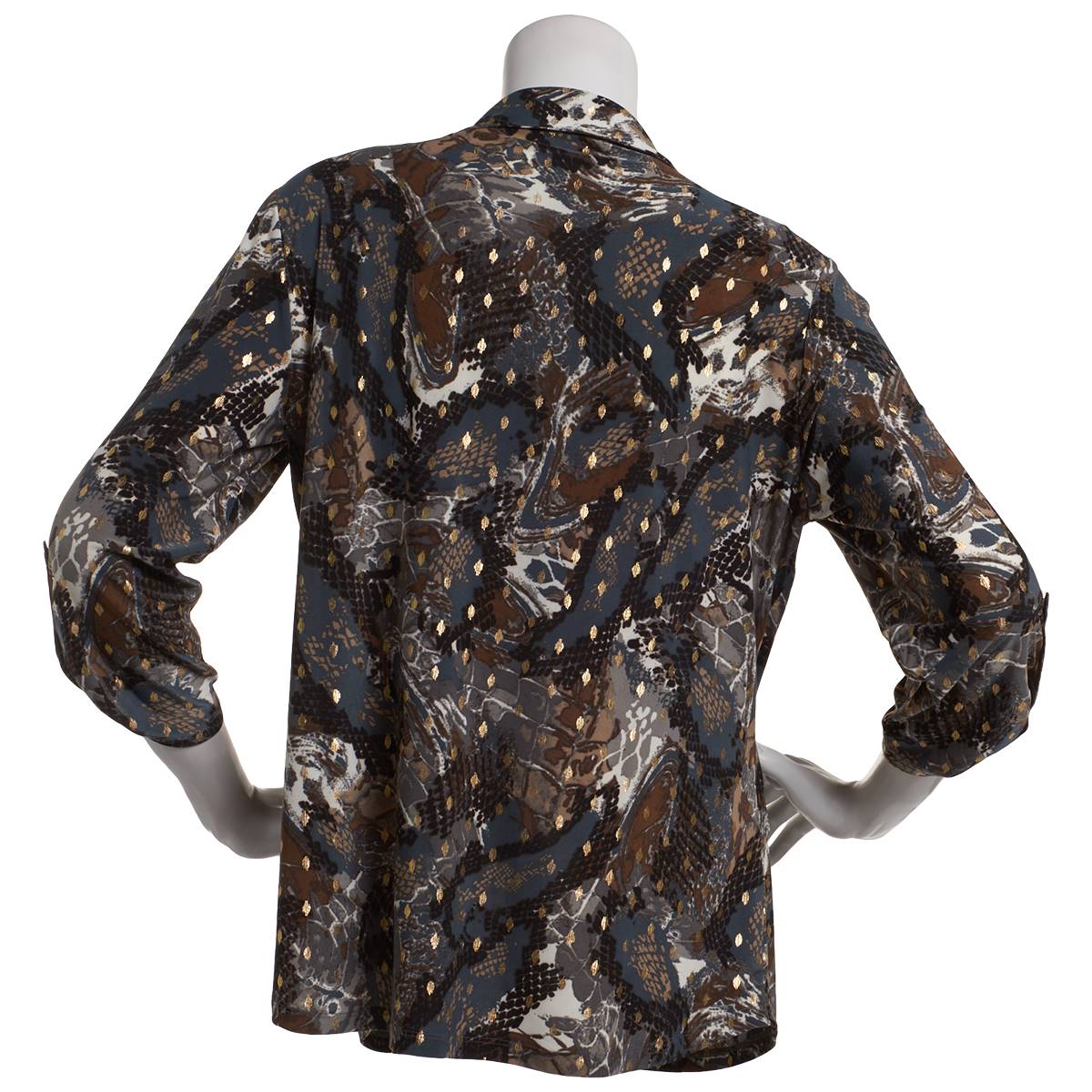 Womens Emily Daniels 3/4 Sleeve Foil Snake Button Front Blouse