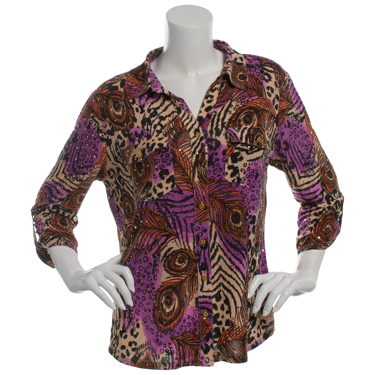 Plus Size Emily Daniels 3/4 Tab Sleeve Animal Casual Button Down