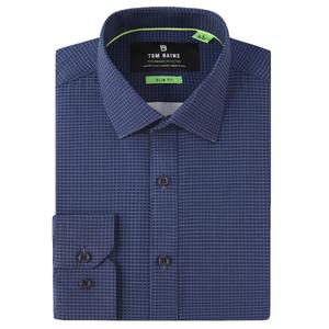Mens Tom Baine Slim Fit Performance Navy Plaid Dress Shirt
