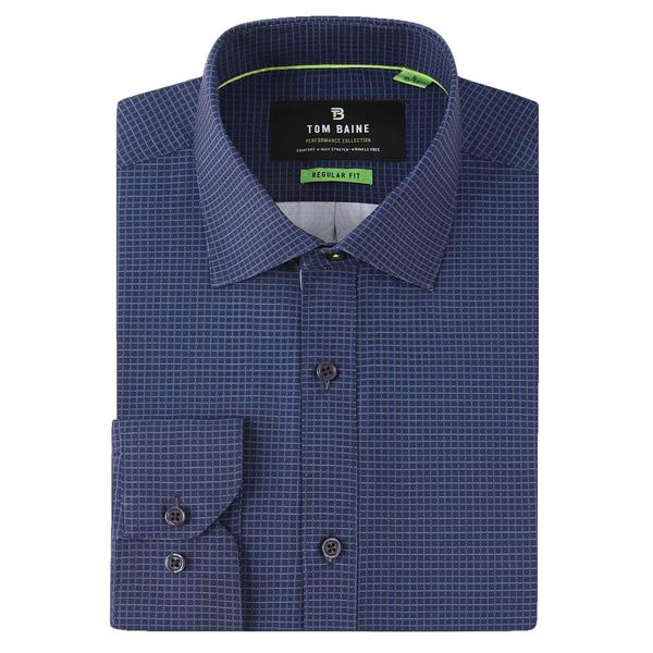 Mens Tom Baine Regular Fit Performance Navy Plaid Dress Shirt