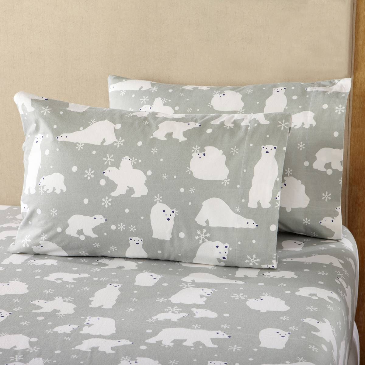 Freshfolds Cotton Grey Polar Bear Winter 4pc. Flannel Sheet Set