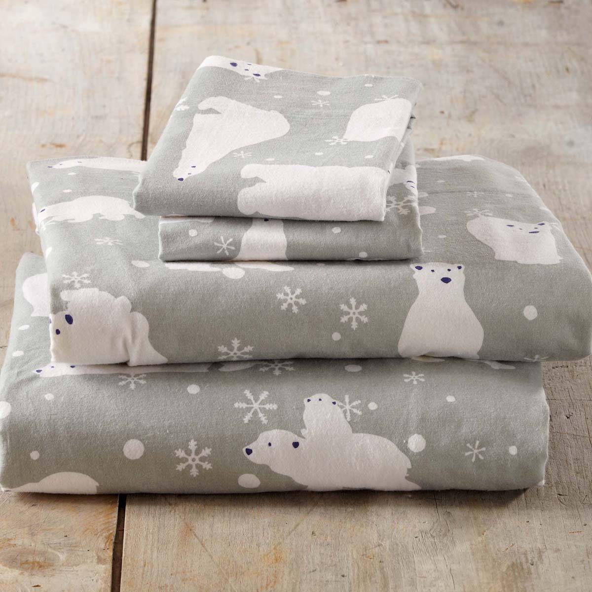 Freshfolds Cotton Grey Polar Bear Winter 4pc. Flannel Sheet Set