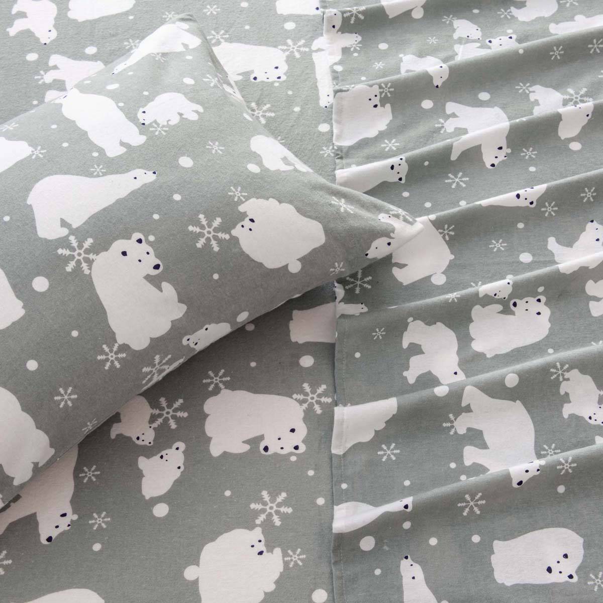 Freshfolds Cotton Grey Polar Bear Winter 4pc. Flannel Sheet Set