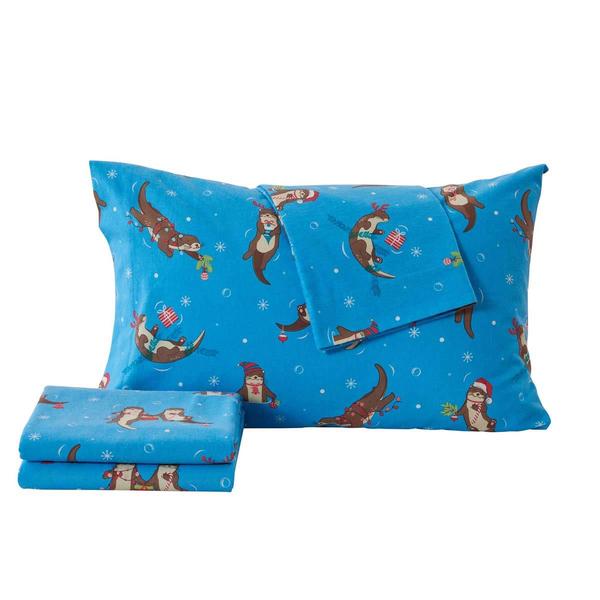 Freshfolds Cotton Otters In Snow Holiday 4pc. Flannel Sheet Set