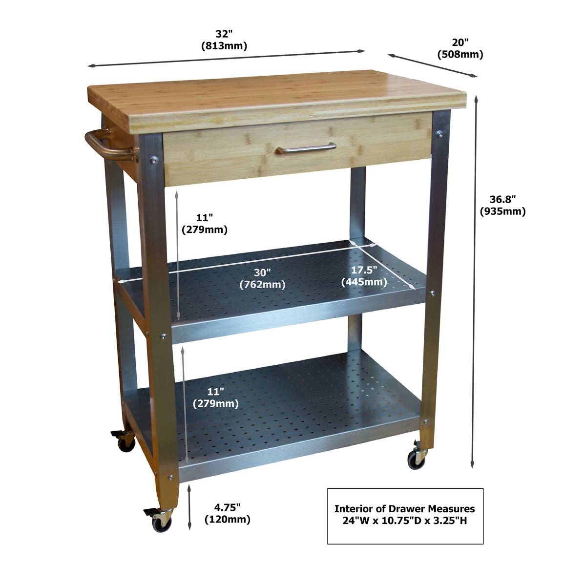 Eccostyle(tm) Solid Bamboo & Stainless Steel Kitchen Cart W/Drawer