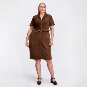 Plus Size Vivid Aura Short Sleeve Corduroy Belted Sheath Dress
