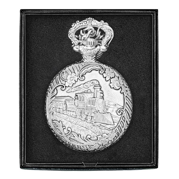 Mens Silver Alloy Engraved Train Pocket Watch - 37746 alternate view