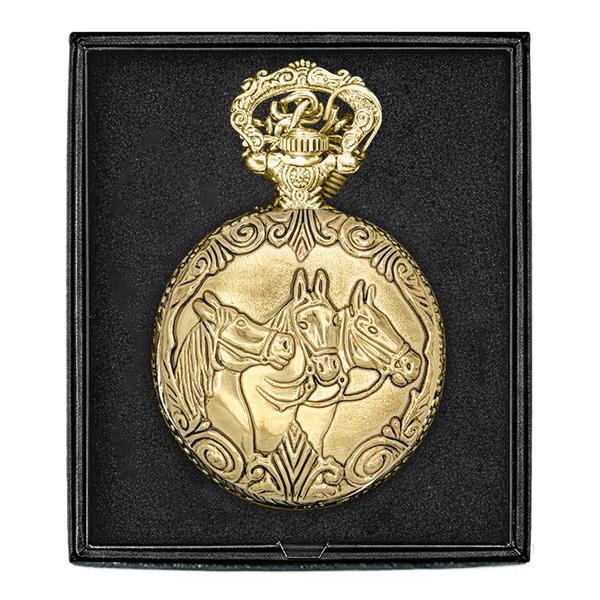 Mens Gold Alloy Engraved Horses Pocket Watch - 37749 alternate view