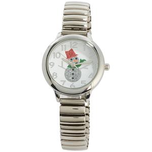 Womens Silver Stretch Band Glitter Snowman Dial Watch - AF129A