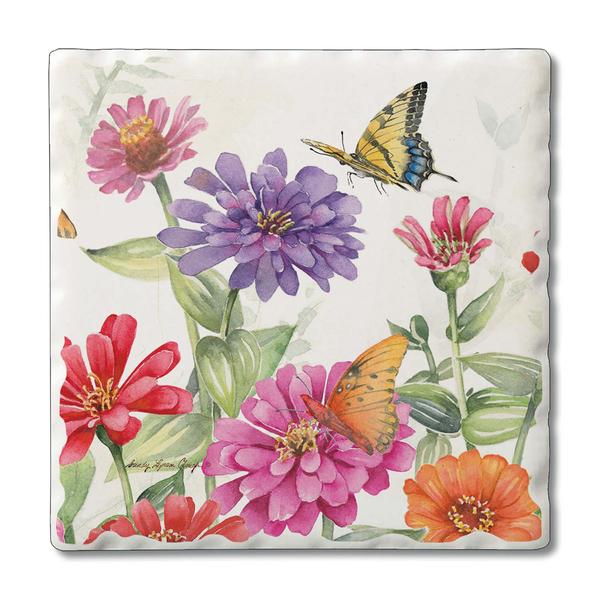 4pk. 4.25in. Zinnias & Butterfly Square Coasters Set