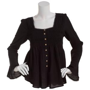 Womens Fair Hope Long Bell Sleeve Solid Faux Button Blouse