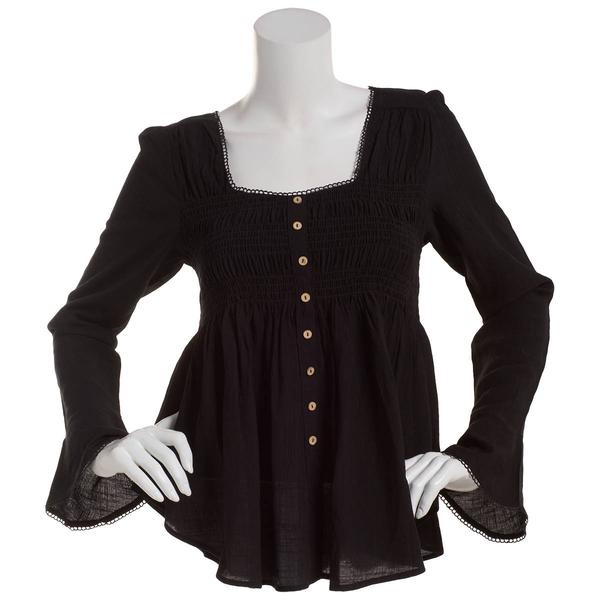 Womens Fair Hope Long Bell Sleeve Solid Faux Button Blouse