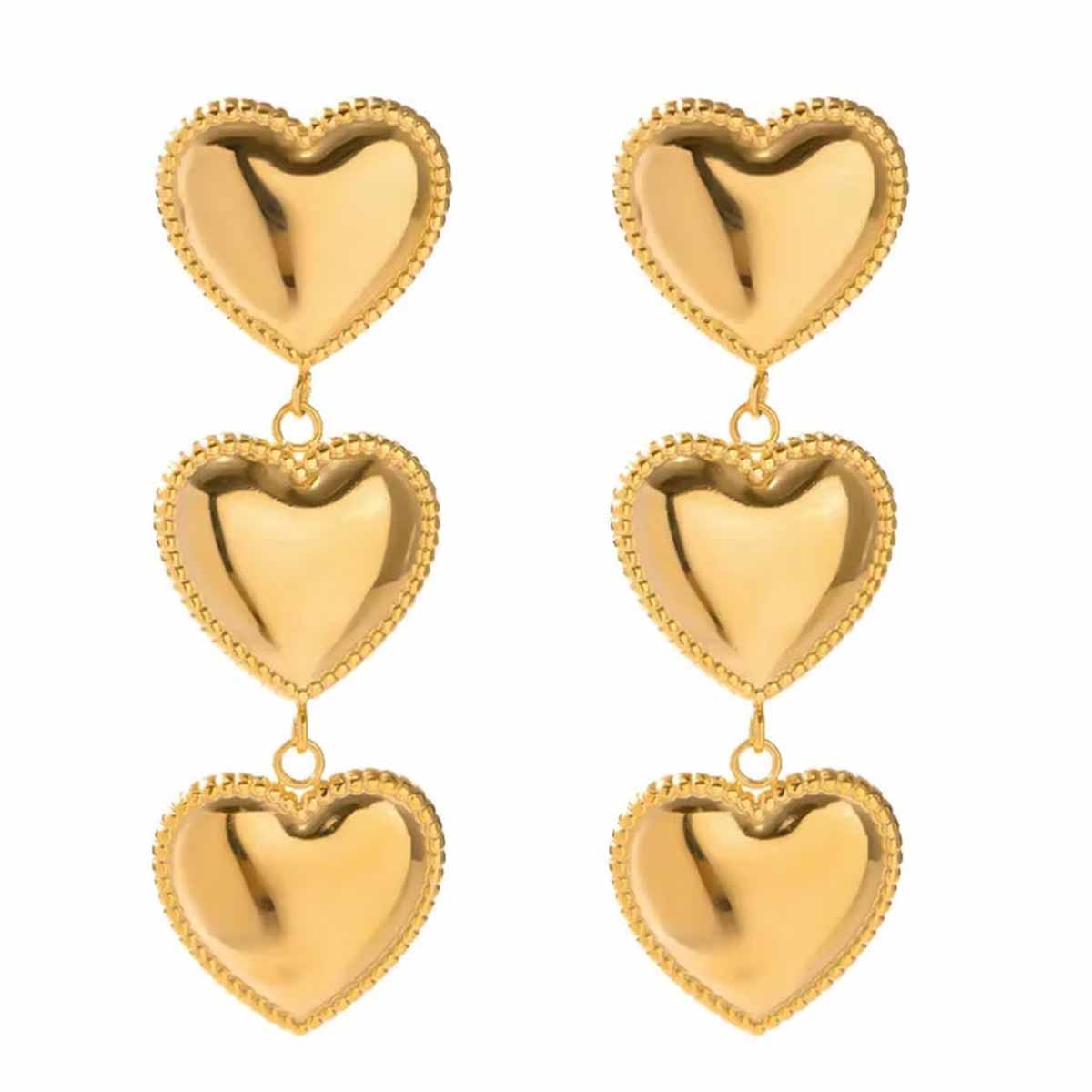 Ashley Gold Linear Triple Heart Dangle Earrings