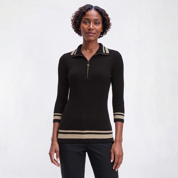 Womens Rio & Rian 3/4 Sleeve Ribbed Zip Neck Sweater
