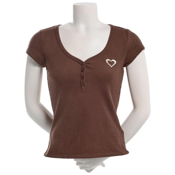 Juniors Madden Girl Cap Sleeve Plush Waffle Henley Top - Chestnut
