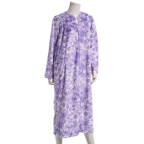 Womens Loungees Long Sleeve Fleece Floral Zip Front Duster