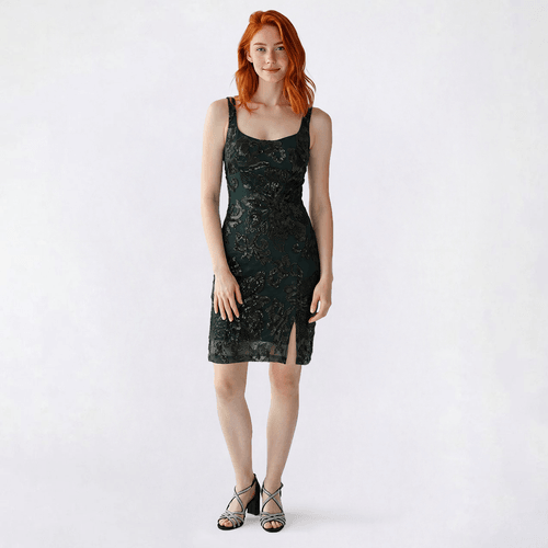 Juniors Crystal Doll Floral Bead Lace-Up Back Sheath Dress