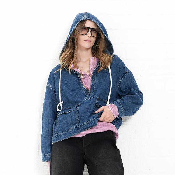 Womens MNK Long Sleeve Denim Drawstring Pull Over Hoodie alternate view