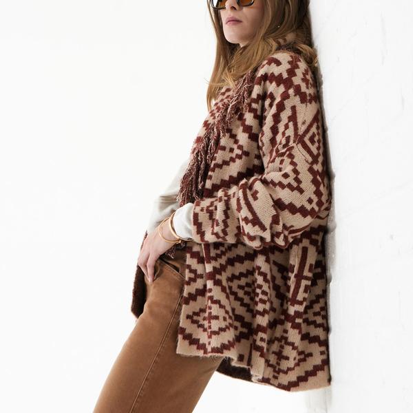 Womens MNK Long Sleeve Aztec Fringe Open Front Cardigan alternate view