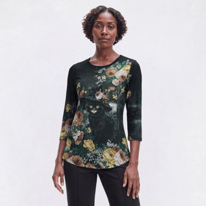 Womens OneWorld 3/4 Sleeve Stud Embellished Floral Cat Tee