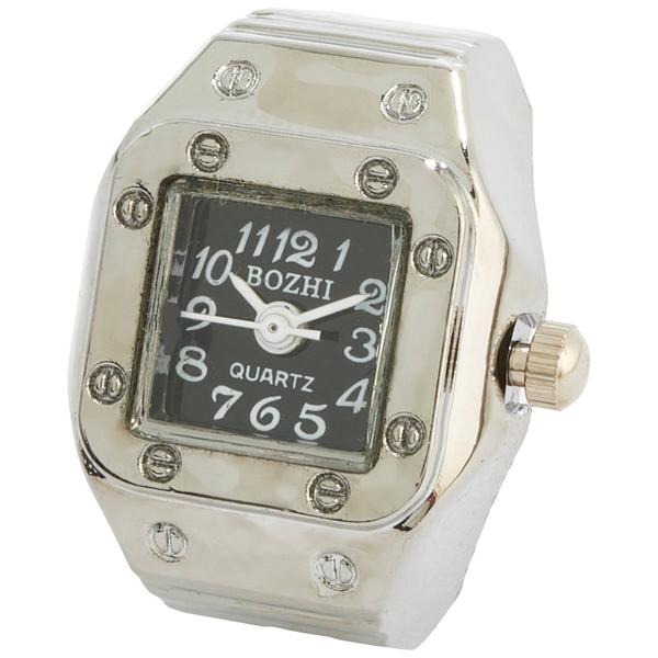 Womens Silver-Tone Black Square Dial Quartz Ring Watch - RWSBV-01