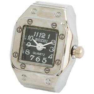 Womens Silver-Tone Black Square Dial Quartz Ring Watch - RWSBV-01