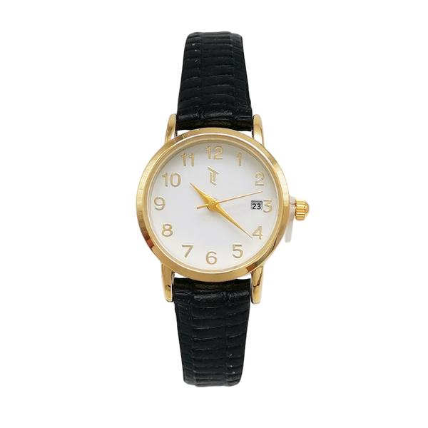 Womens Gold-Tone Watch with Black Leather Strap - LWLTBV-02