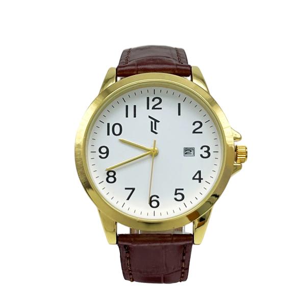 Mens 42mm Gold-Tone Watch with Brown Leather Strap - MWLTBV-03
