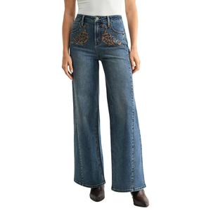 Womens CITY BLUES Embroidered Wide Leg Jeans