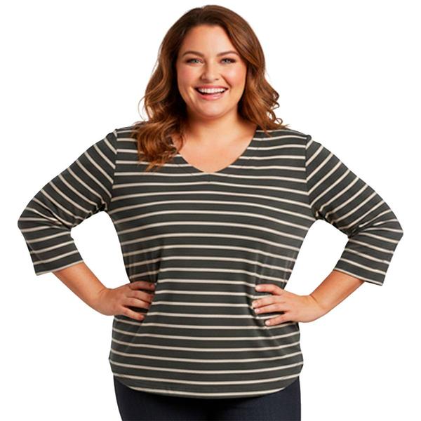 Plus Size Hasting & Smith 3/4 Sleeve Stripe Round Hem V Neck Tee