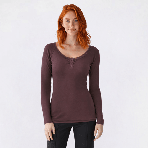 Juniors Hunter & Brown Long Sleeve Lace V-Neck Trim Henley Top