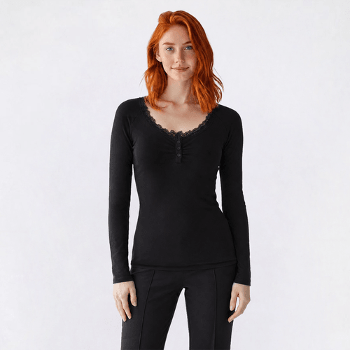 Juniors Hunter & Brown Long Sleeve Lace V-Neck Trim Henley Top alternate view