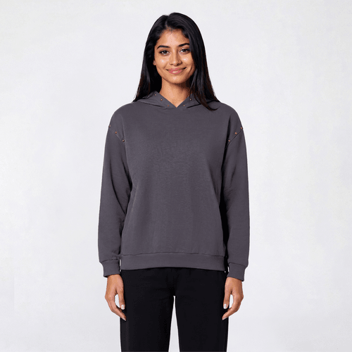 Juniors Hunter & Brown Oversized Stud Trim Hoodie
