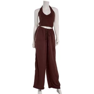 Juniors Hunter & Brown Knit Halter Top Wide Leg Pants Set