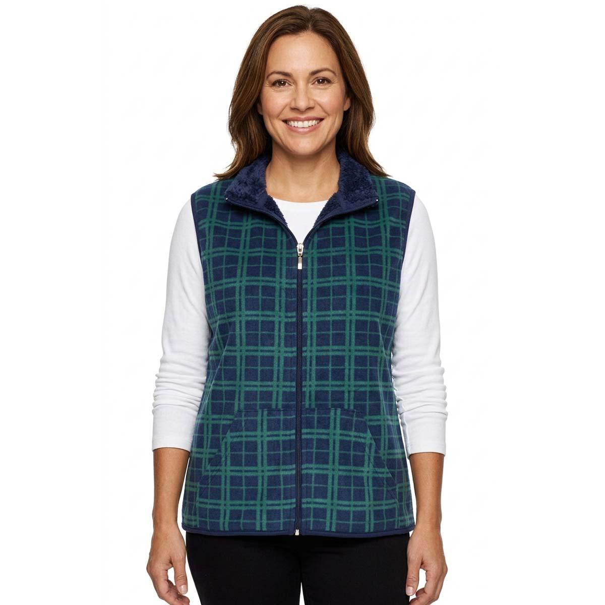 Plus Size Hasting & Smith Plaid Vest with Sherpa Trim -Black Iris