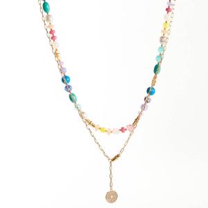 Ashley Pave Circle Pendant Layered Beaded Necklace