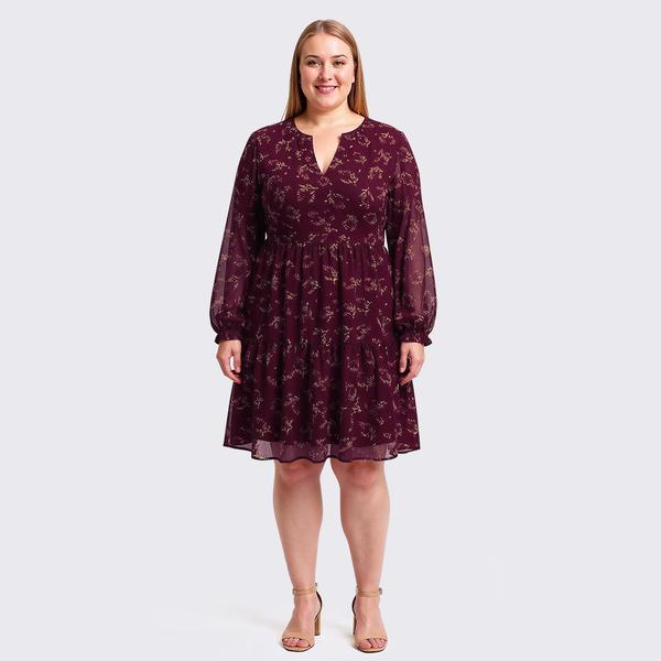 Plus Size Perceptions Long Sleeve Floral Chiffon Babydoll Dress