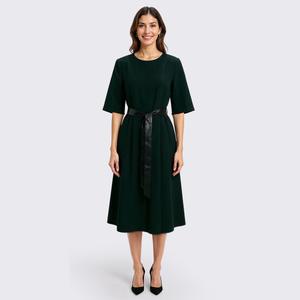 Womens Perceptions Elbow Sleeve w/ Faux Leather Belt A-Line Dress