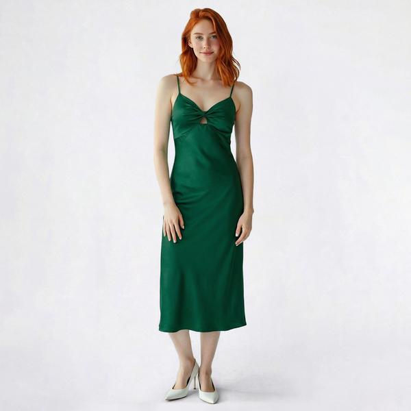 Juniors Emerald Sundae Satin Twist Front X-Back Midi Slip Dress