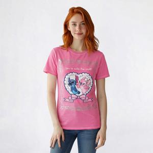 Juniors Disney Angel & Stitch Frame & Heart Stitch Graphic Tee