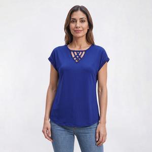 Womens Love Scarlet Cap Sleeve Crisscross Keyhole Neck Blouse alternate view