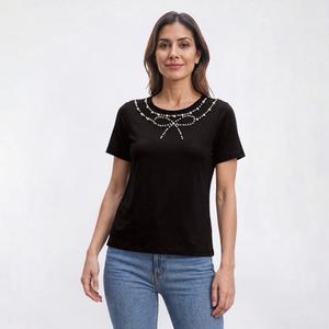 Womens Love Scarlet Short Sleeve Pearl Bow Accent Blouse