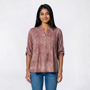 Womens Notations 3/4 Tab Sleeve Jacquard Pleat Henley Blouse