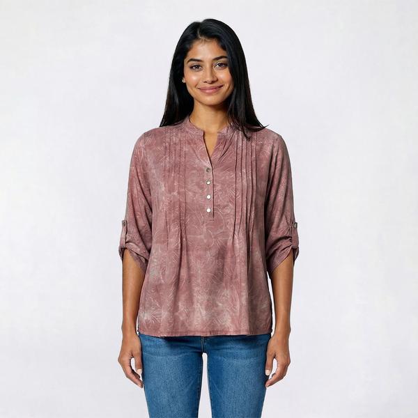 Petite Notations 3/4 Tab Sleeve Jacquard Pleat Henley Blouse
