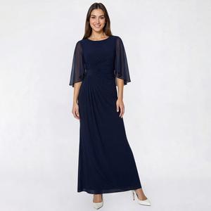 Petite Connected Apparel Sheer Sleeve Side Drape Evening Gown