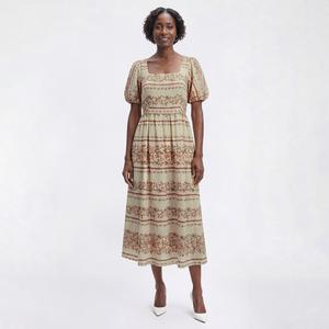 Womens Vivid Aura Puff Sleeve Square Neck Floral Midi Dress