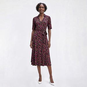 Womens MSK Elbow Sleeve Floral Spread Collar V Neck Midi Dress