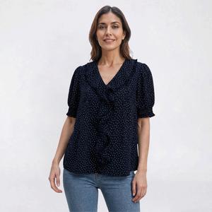 Womens Adrianna Papell Cascade Ruffle Mini Shuffle Dot Blouse