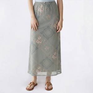 Juniors Pink Rose Print Mesh Lace Hem Bow Midi Skirt alternate view